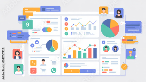 Data analysis dashboard template with colorful charts graphs and user icons for business intelligence and data visualization on a clean white background