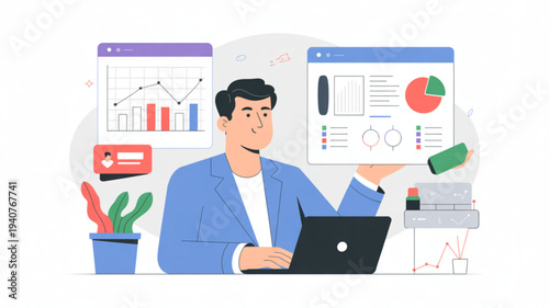 Businessman analyzing data on laptop with various charts and graphs in the background professional data analysis concept