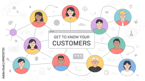 Diverse customer profiles connected in network graphic with 'get to know your customers' message on white background