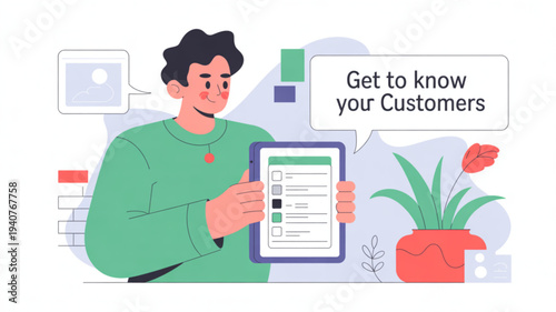 Man holding tablet with customer information surrounded by modern workspace elements and a potted plant illustrating customer relationship management