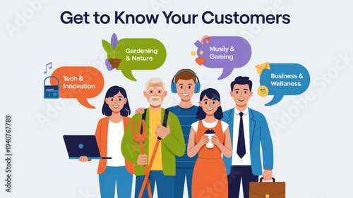 Diverse customers representing various interests and professions in a modern flat design illustration with thought bubbles