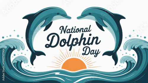 National dolphin day illustration featuring two dolphins jumping over ocean waves with a sunrise background celebrating marine life and conservation awareness