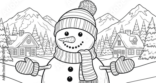 Snowman winter wonderland coloring page for kids and adults