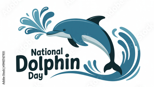 National dolphin day illustration featuring blue dolphin jumping out of water with splashes