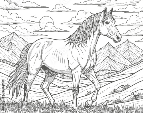 Free horse coloring page for kids and adults wild mustangs in mountains