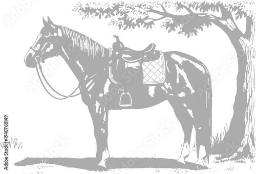 Free horse coloring page for kids and adults saddle and bridle illustration