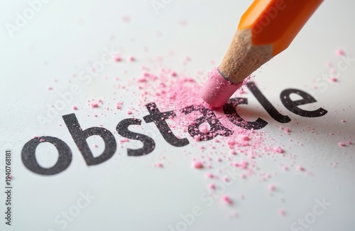 Pencil eraser removes word obstacle from paper. Pink dust flies as text disappears. Concept of overcoming challenges and finding solutions for easier progress. A clear path forward.