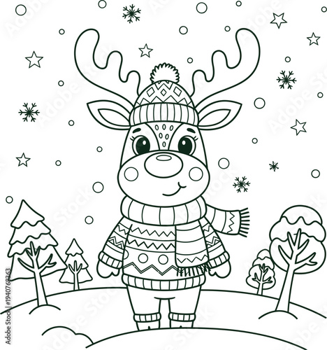 Reindeer coloring page for kids with winter scene and snowflakes