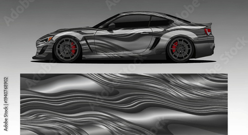 Sleek metallic sports car with flowing abstract patterns and futuristic design.