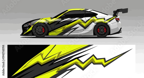 Sleek sports car with neon yellow graphic decals and bold aerodynamic lines.