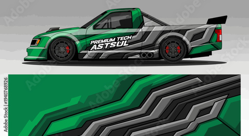Green race car with bold black graphics racing on track and aerodynamic spoilers.