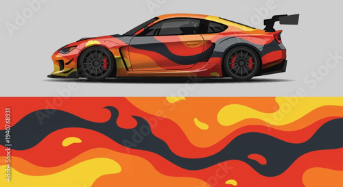 Sleek Orange and Red Race Car with Dynamic Flame Graphics in Motion.