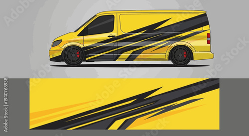 Bright yellow delivery van with bold black diagonal stripes used for branding and advertising on a modern urban street.