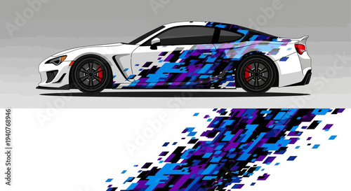 High-speed race car with blue and white graphic wrap showcased on a track highlighting aerodynamic design and bold paint motif.