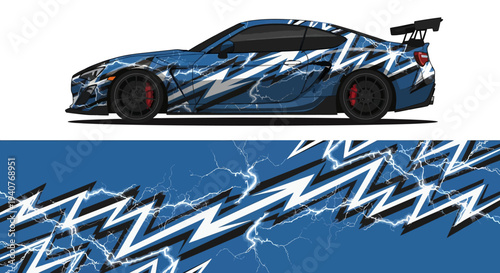 Blue race car with bold zigzag graphics speeding along a track.