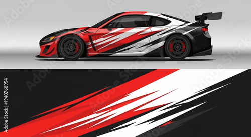 High speed race car with bold red white black livery and dynamic streaks.