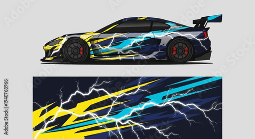 Two dynamic race cars featuring neon lightning graphics speeding along a track with vibrant blue and yellow accents.