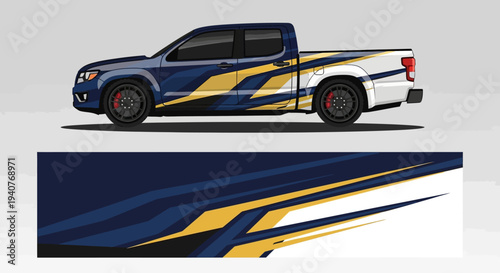 Bold blue and yellow graphic wrap on pickup truck creates dynamic branding and modern street appeal.