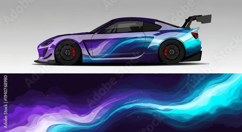 Sideview of a vibrant purple and blue sportscar against a dramatic gradient backdrop.