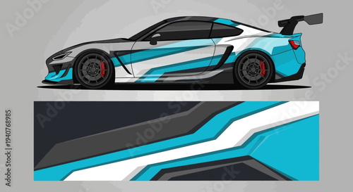 High velocity sports car with blue white racing wrap and sleek lines.