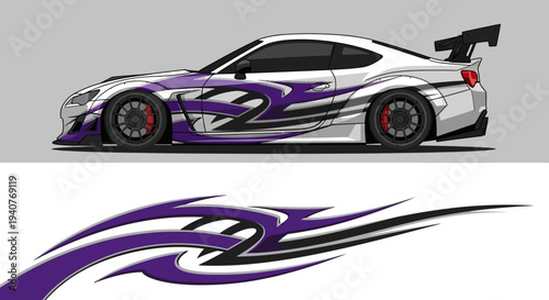 White sports car with purple racing stripes and bold decal artwork in profile view.