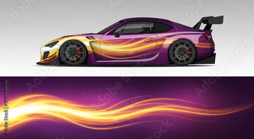 Vibrant neon flaming sports car with flowing fiery trail and sleek design.