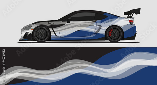 Dynamic blue sports car illustration with stylized waves and racing motif.