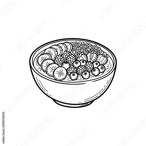 Oatmeal breakfast bowl with sliced bananas blueberries and strawberries sketch