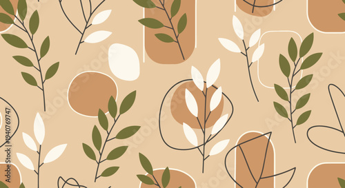 Modern abstract botanical pattern with leaves and shapes in earthy tones
