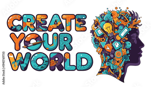 Vibrant creative inspiration with colorful head silhouette and artistic elements