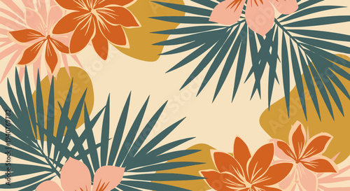 Vibrant tropical floral pattern with palm leaves and exotic flowers