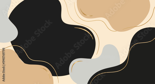 Modern abstract art with black, beige, and gray shapes and gold lines