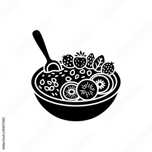 Healthy fresh fruit smoothie bowl with spoon, breakfast icon