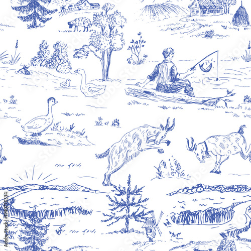 Blue fields in the rural landscapes  toile de jouy pattern for rustic textile, wallpaper design.