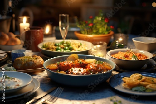 A table filled with a diverse assortment of plates and bowls of delicious food. Perfect for showcasing different cuisines and dining experiences.