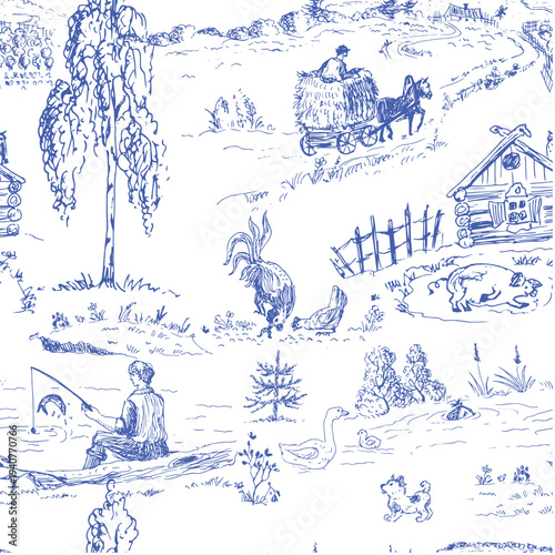 Blue fields in the rural landscapes  toile de jouy pattern for rustic textile, wallpaper design.