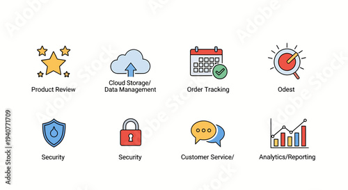 Eight icons representing business services on a white background