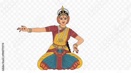Traditional indian bharatanatyam dancer in colorful costume and jewels performs classical dance