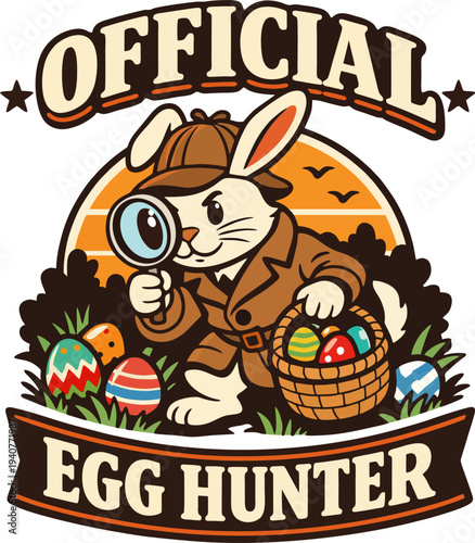 Vintage-style illustration of an adorable Easter bunny dressed as a detective: wearing a deerstalker hat and trench coat, holding a magnifying glass and a basket full of colorful patterned Easter eggs