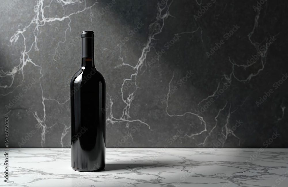 Obraz premium Black wine bottle stands on a marble surface against dark textured wall. Empty elegant container ready for use in beverage advertising or product display.