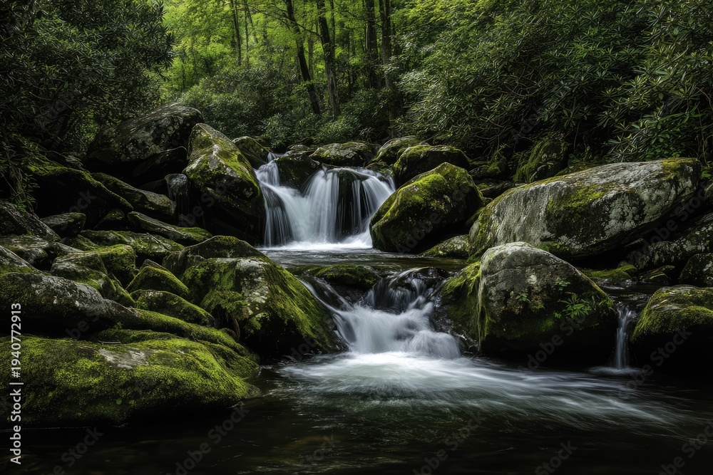 Fototapeta premium Lush Green Forest Stream with Cascading Waterfalls and Mossy Rocks.