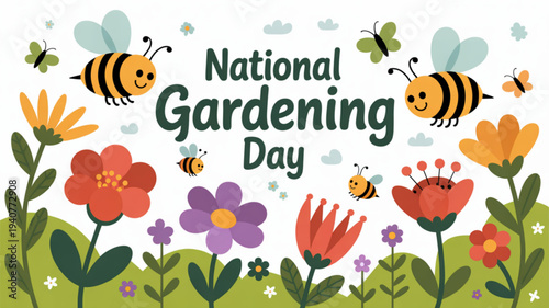 Colorful illustration for national gardening day with bees butterflies and flowers in a vibrant garden scene