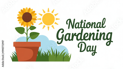 National gardening day illustration with sunflower in terracotta pot and sunny sky background