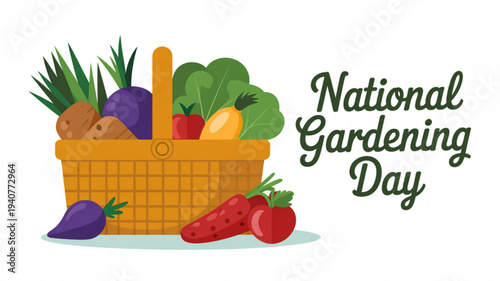 Vibrant vegetables and fruits in a wicker basket illustration for national gardening day celebration