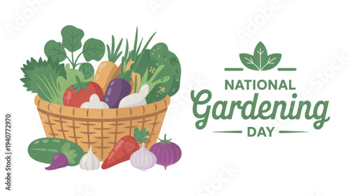 National gardening day illustration with wicker basket overflowing with fresh vegetables and leafy greens vibrant colors and playful design elements