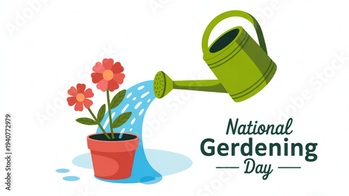 National gardening day illustration with watering can and blooming flowers in a pot symbolizing gardening and plant care