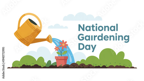 National gardening day illustration with watering can and potted flower in garden landscape promoting gardening hobby and green environment