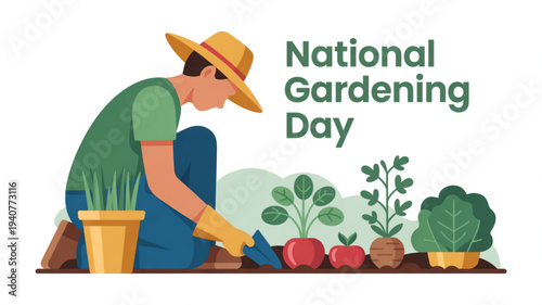 Man gardening on national gardening day planting vegetables and greens in soil with gardening tools