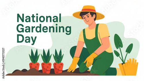 Gardener kneeling planting succulents in soil on national gardening day with potted plants nearby in a serene outdoor setting