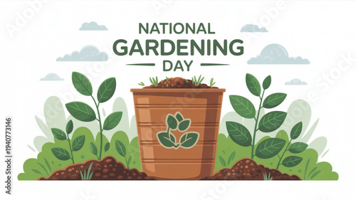 National gardening day illustration featuring a wooden pot with lush green plants and soil symbolizing growth and horticulture in a serene outdoor setting